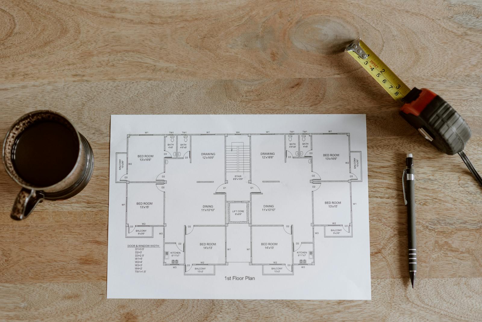 Architectural floor plan with a tape measure and drafting tools